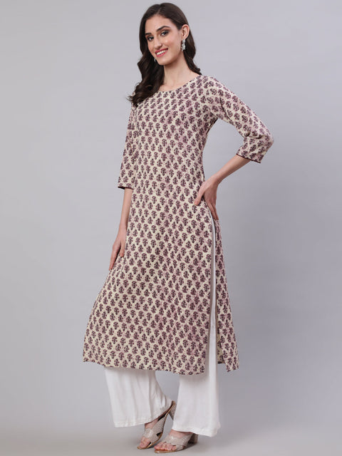 Women Beige Ethnic Printed Straight Kurta With Three Quarter Sleeves