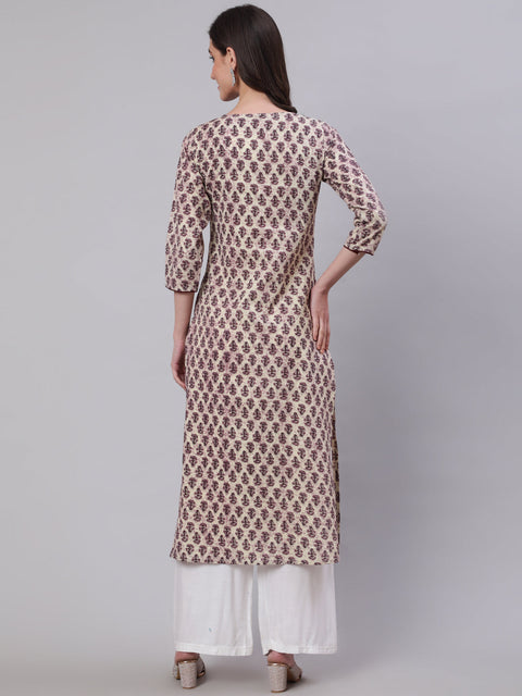 Women Beige Ethnic Printed Straight Kurta With Three Quarter Sleeves