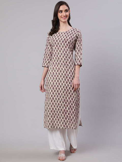 Women Beige Ethnic Printed Straight Kurta With Three Quarter Sleeves