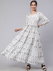 Women Off White Ikat Printed Flared Dress With Three Quarter sleeves