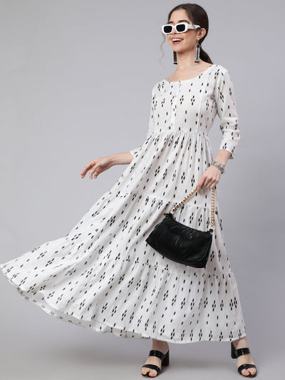 Women Off White Ikat Printed Flared Dress With Three Quarter sleeves