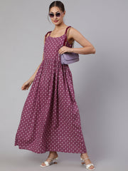 Wome Purple Printed Flared Sleeveless Dress