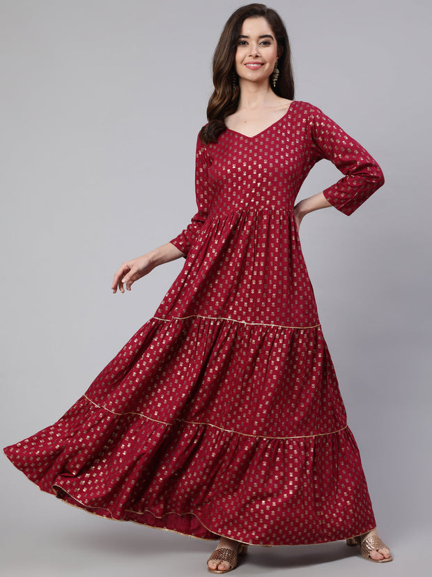 Wome Burgundy Printed Flared Dress With Three quarter Sleeves