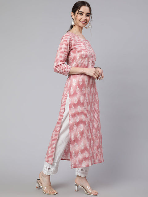 Women Pink Printed straight kurta with three quarter sleeves