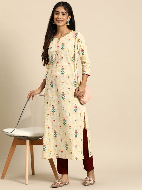 Women Yellow Printed straight Kurta With three qurter sleeves