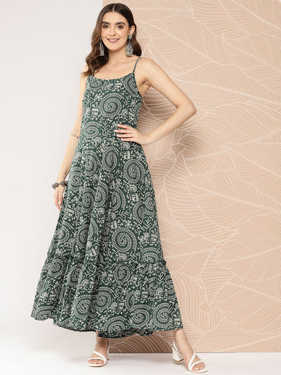 Wome Green Printed Tiered Dress With Shoulder Straps