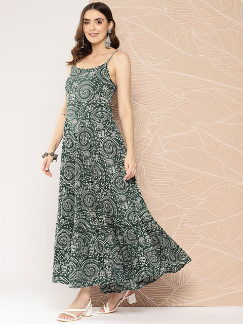 Wome Green Printed Tiered Dress With Shoulder Straps