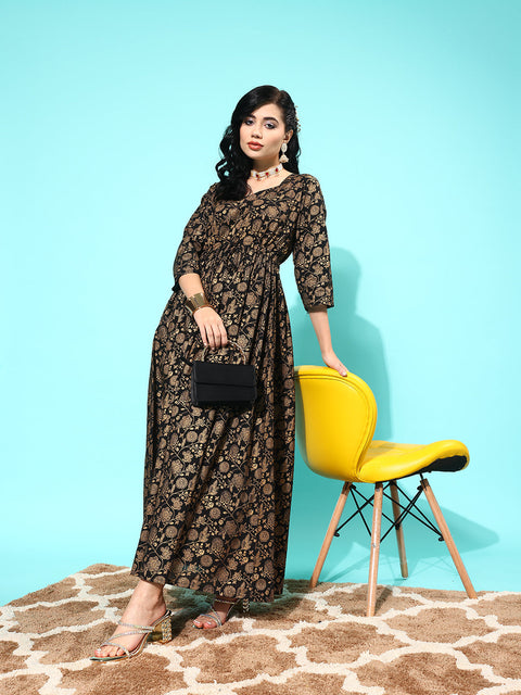 Wome Black Floral Printed Flared Dress With Three quarter Sleeves