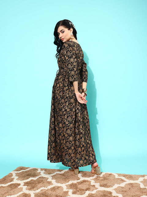 Wome Black Floral Printed Flared Dress With Three quarter Sleeves