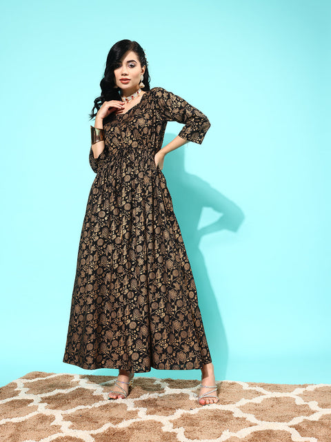 Wome Black Floral Printed Flared Dress With Three quarter Sleeves