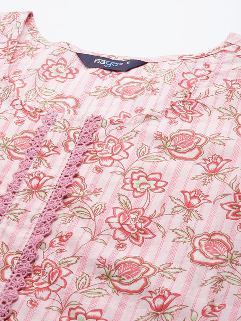 Women Pink Floral printed Kurta With Three Quarter Sleeves