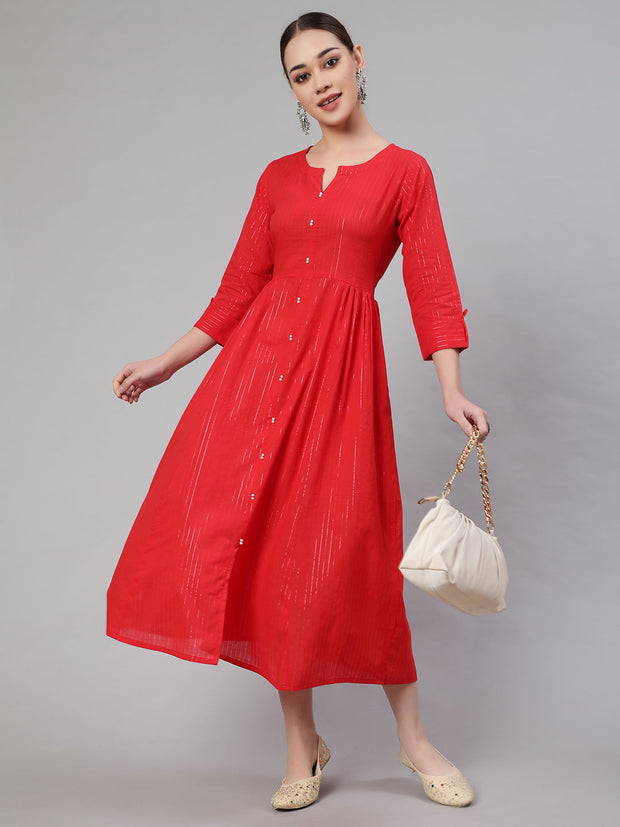 Wome Red Striped Flared Dress With Three Quarter sleeves