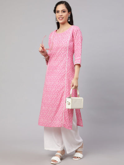 Women Pink Printed straight kurta with three quarter sleeves