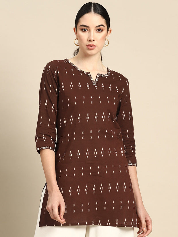 Women Brown Embroidered Ikat Printed Straight Tunic