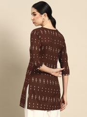 Women Brown Embroidered Ikat Printed Straight Tunic