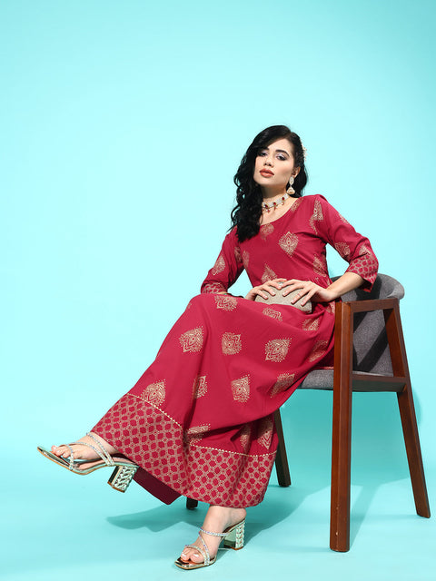 Wome Maroon Ethnic Printed Flared Dress With Three Quarter sleeves