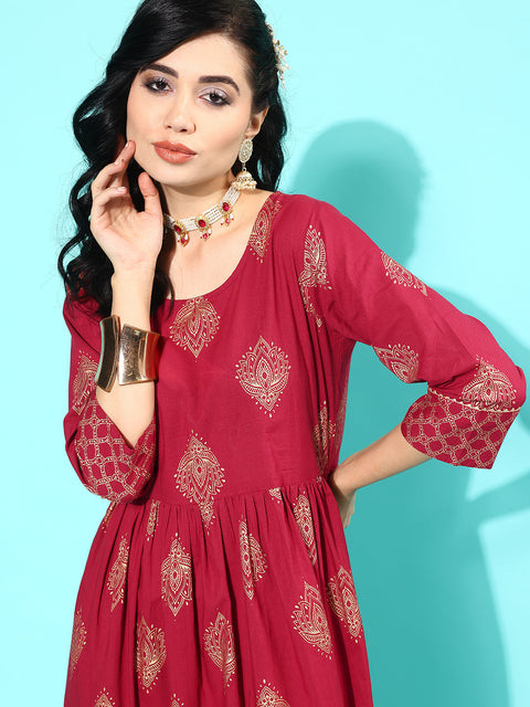 Wome Maroon Ethnic Printed Flared Dress With Three Quarter sleeves