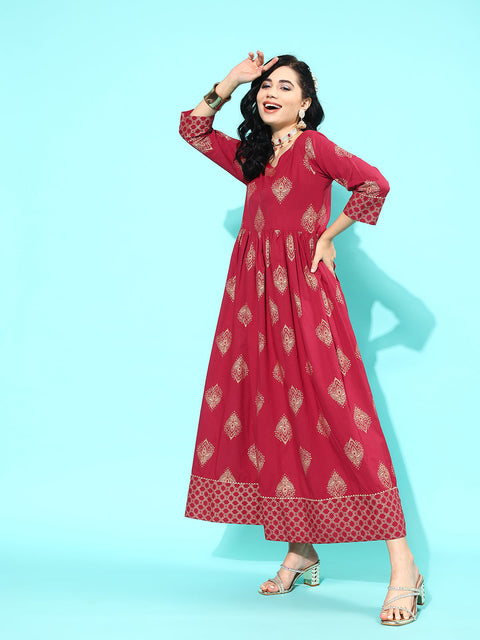 Wome Maroon Ethnic Printed Flared Dress With Three Quarter sleeves