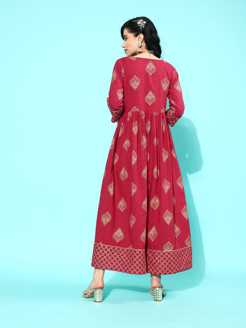 Wome Maroon Ethnic Printed Flared Dress With Three Quarter sleeves