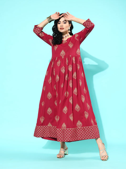 Wome Maroon Ethnic Printed Flared Dress With Three Quarter sleeves