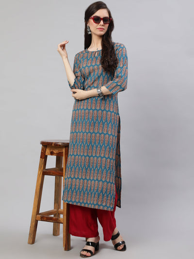 Women Blue Ethnic Printed Straight Kurta with Three Quarter Sleeves