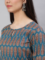 Women Blue Ethnic Printed Straight Kurta with Three Quarter Sleeves