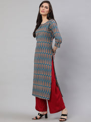 Women Blue Ethnic Printed Straight Kurta with Three Quarter Sleeves