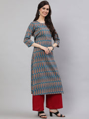 Women Blue Ethnic Printed Straight Kurta with Three Quarter Sleeves