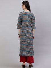 Women Blue Ethnic Printed Straight Kurta with Three Quarter Sleeves