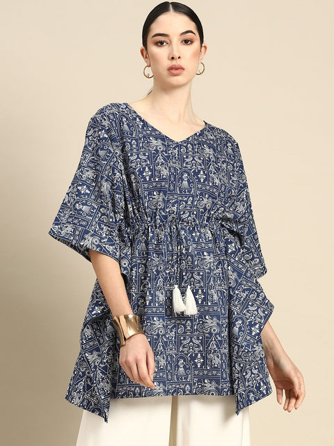 Navy Blue & White Printed Ethnic Tunic Kaftan