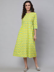 Wome Yellow Ethnic Printed Flared Dress With Three Quarter sleeves