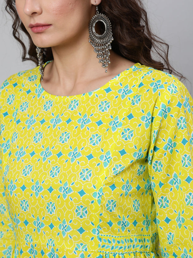 Wome Yellow Ethnic Printed Flared Dress With Three Quarter sleeves