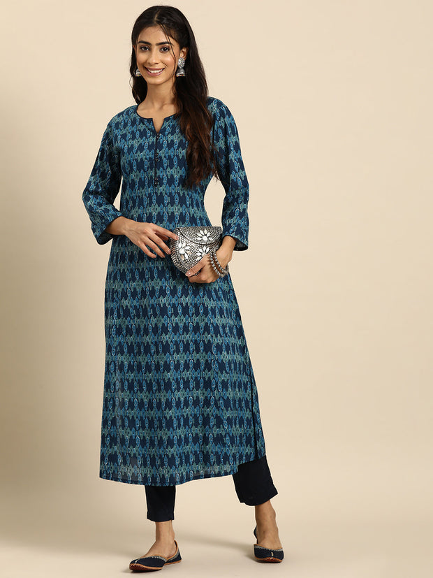 Women Blue Ethnic Printed Straight Kurta with Three Quarter Sleeves