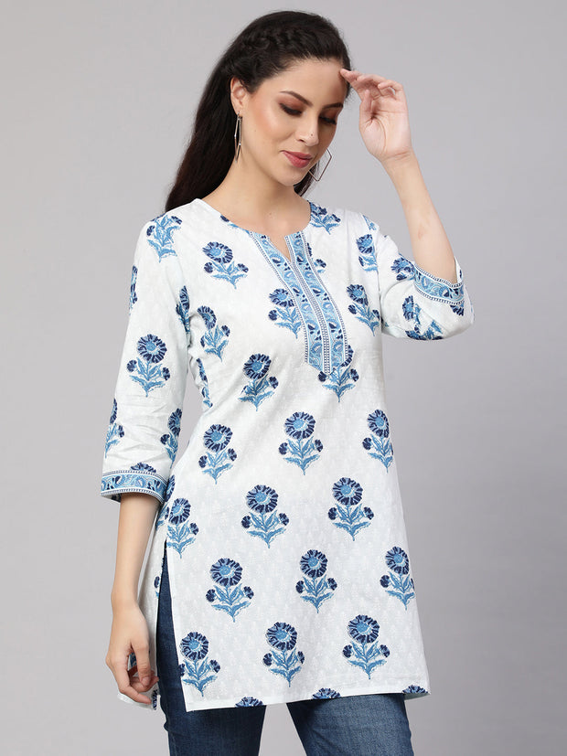 Women Off White Printed Straight Tunic With Three Quarter Sleeves