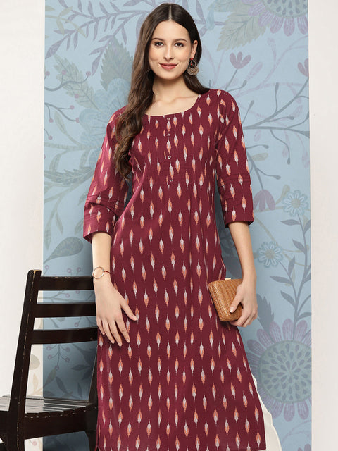 Women Maroon Ikat Printed Straight Kurta With Three Quarter Sleeves