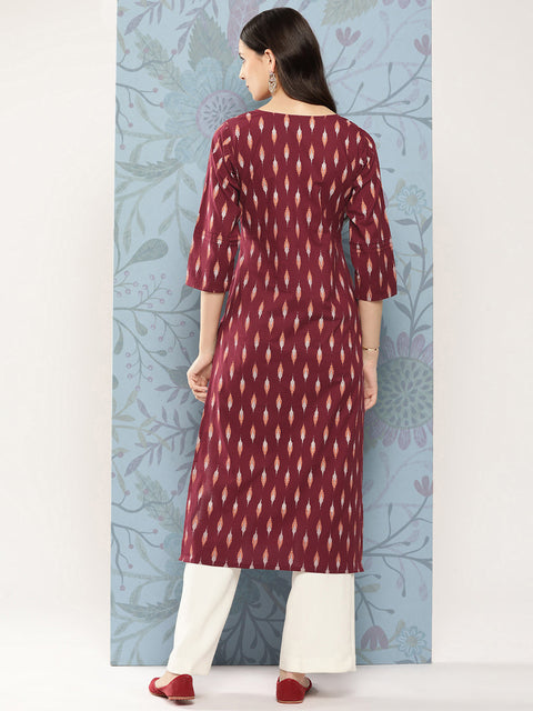 Women Maroon Ikat Printed Straight Kurta With Three Quarter Sleeves