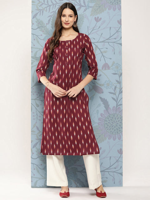 Women Maroon Ikat Printed Straight Kurta With Three Quarter Sleeves