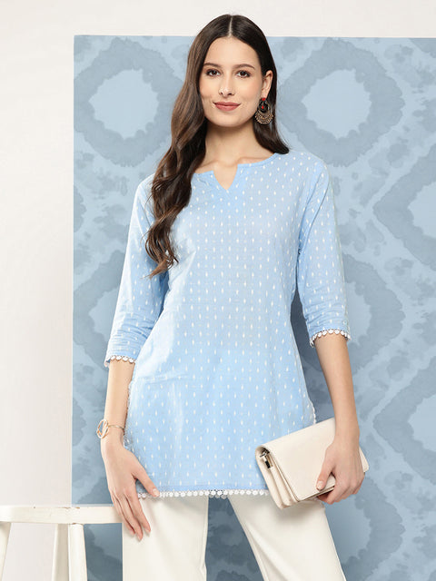 Women Blue Straight Tunic With Three Quaretr Sleeves