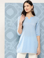 Women Blue Straight Tunic With Three Quaretr Sleeves