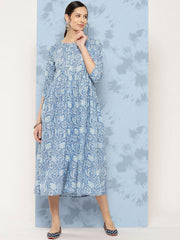 Wome Blue Printed Flared Dress With Three quarter Sleeves