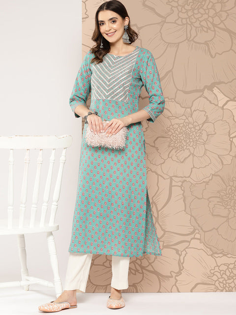 Women Green Ethnic Printed Straight Kurta With Three Quarter Sleeves