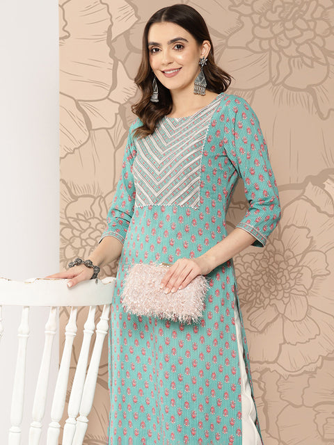 Women Green Ethnic Printed Straight Kurta With Three Quarter Sleeves