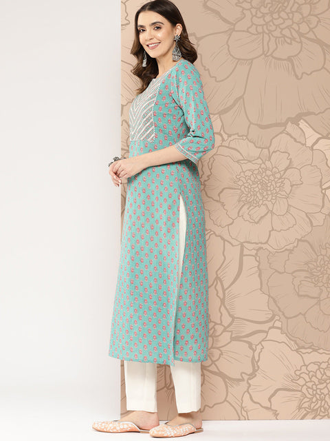 Women Green Ethnic Printed Straight Kurta With Three Quarter Sleeves