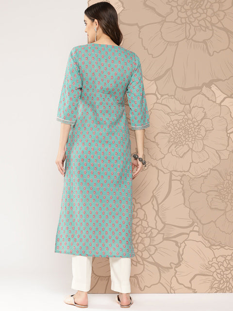 Women Green Ethnic Printed Straight Kurta With Three Quarter Sleeves