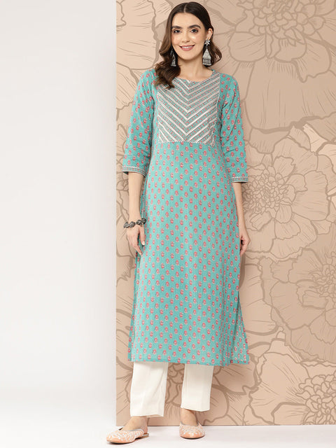 Women Green Ethnic Printed Straight Kurta With Three Quarter Sleeves