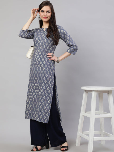 Women Grey Ethnic Printed Straight Kurta with Three Quarter Sleeves