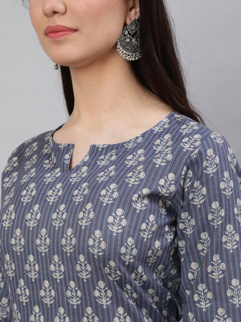 Women Grey Ethnic Printed Straight Kurta with Three Quarter Sleeves