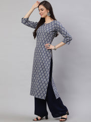 Women Grey Ethnic Printed Straight Kurta with Three Quarter Sleeves