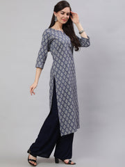 Women Grey Ethnic Printed Straight Kurta with Three Quarter Sleeves