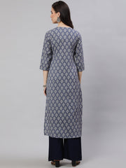 Women Grey Ethnic Printed Straight Kurta with Three Quarter Sleeves